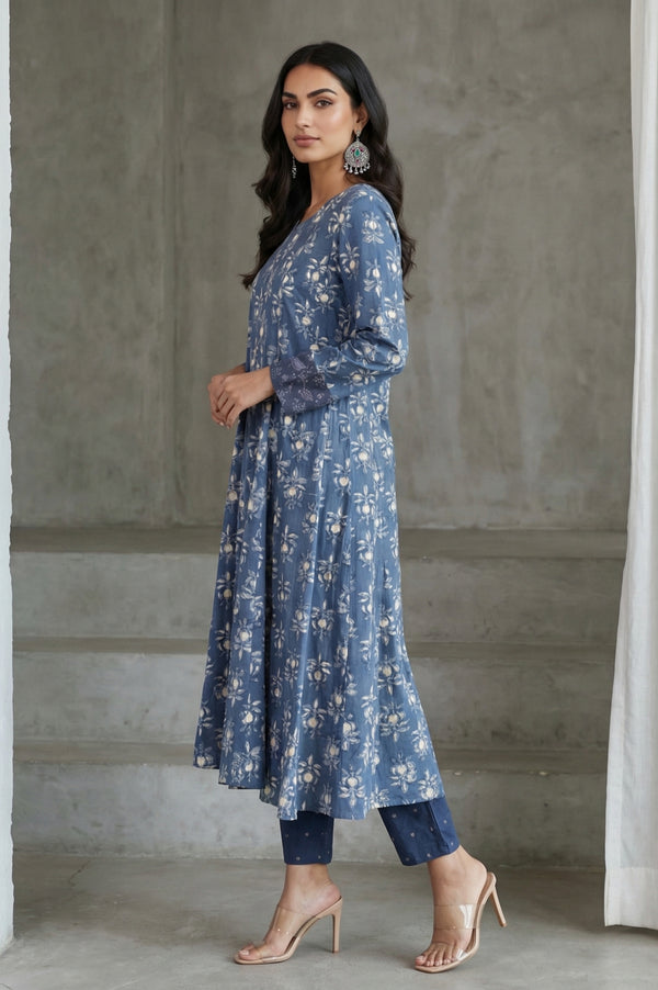Blue Block Printed Pure Cotton A-line Kurta