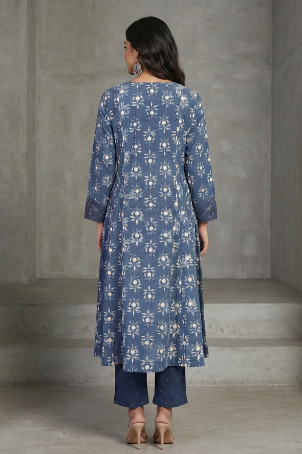 Blue Block Printed Pure Cotton A-line Kurta