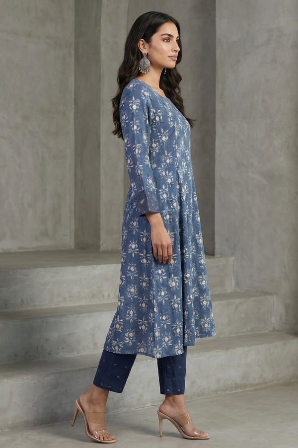 Blue Block Printed Pure Cotton A-line Kurta