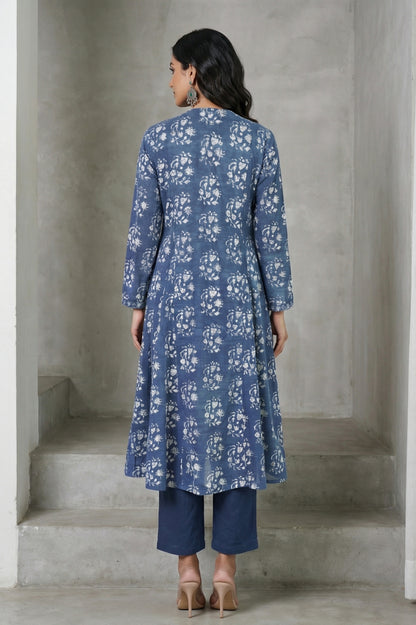 Indigo Block Printed Sequin Pure Cotton Flared Kurta