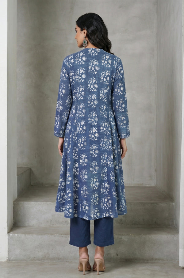 Indigo Block Printed Sequin Pure Cotton Flared Kurta