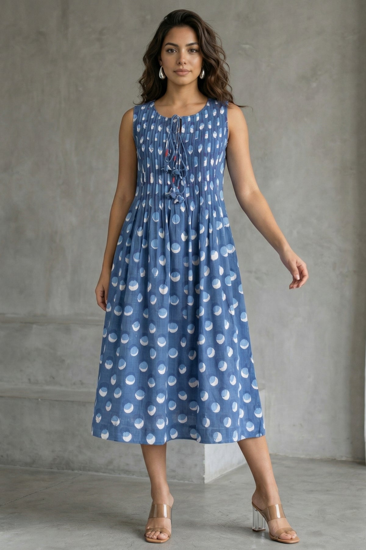 Blue Block Printed Sleeveless Pure Cotton Flared Dress - XS