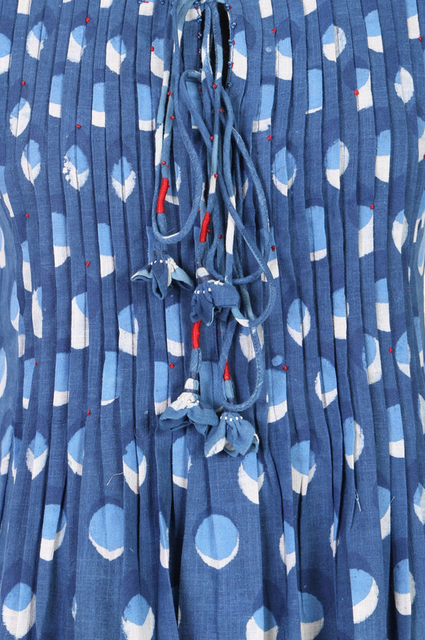Blue Block Printed Sleeveless Pure Cotton Flared Dress