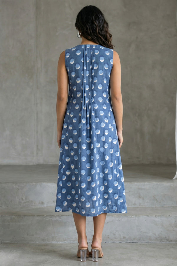 Blue Block Printed Sleeveless Pure Cotton Flared Dress