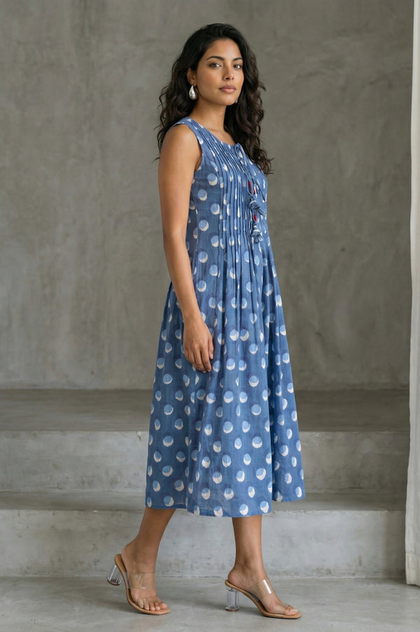 Blue Block Printed Sleeveless Pure Cotton Flared Dress