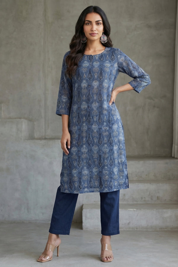 Blue Block Printed Cotton Silk Kota Straight Kurta