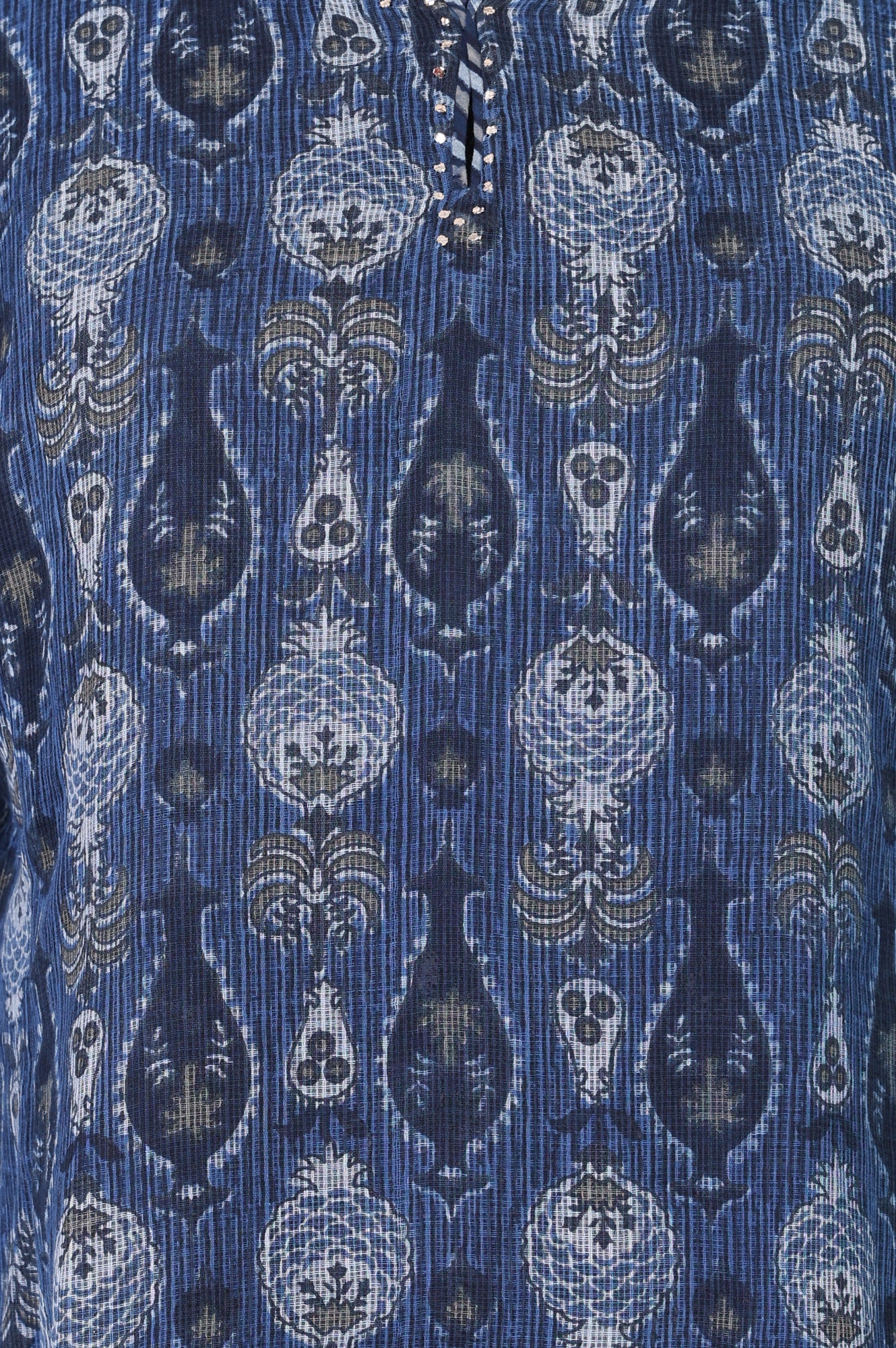 Blue Block Printed Cotton Silk Kota Straight Kurta