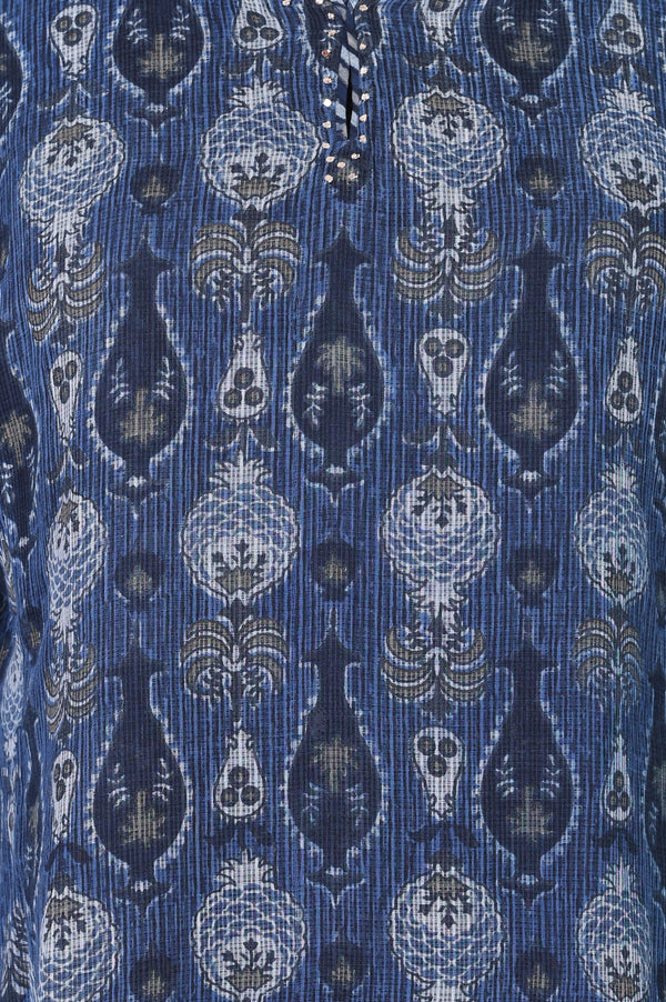 Blue Block Printed Cotton Silk Kota Straight Kurta