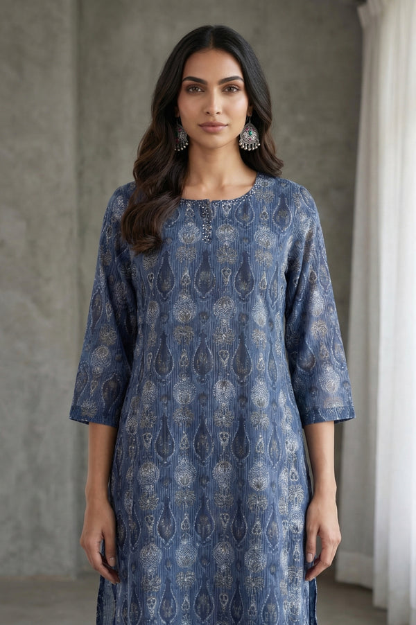 Blue Block Printed Cotton Silk Kota Straight Kurta