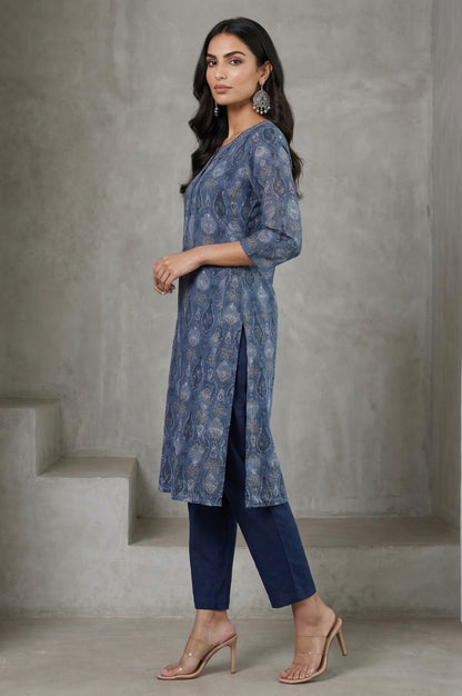 Blue Block Printed Cotton Silk Kota Straight Kurta