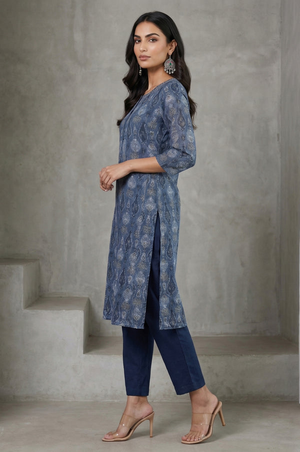 Blue Block Printed Cotton Silk Kota Straight Kurta