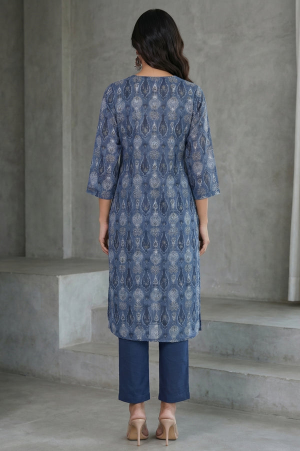 Blue Block Printed Cotton Silk Kota Straight Kurta