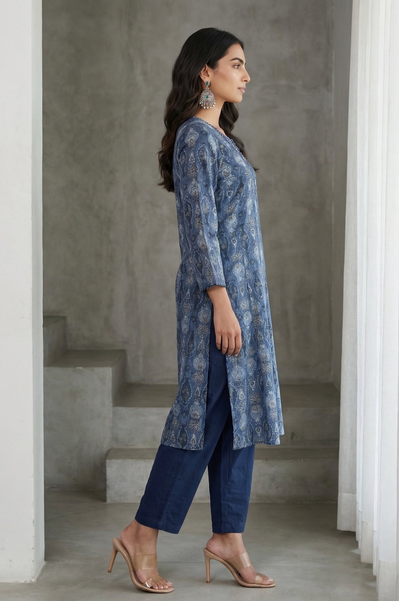 Blue Block Printed Cotton Silk Kota Straight Kurta