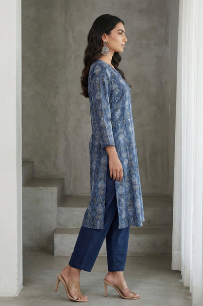 Blue Block Printed Cotton Silk Kota Straight Kurta