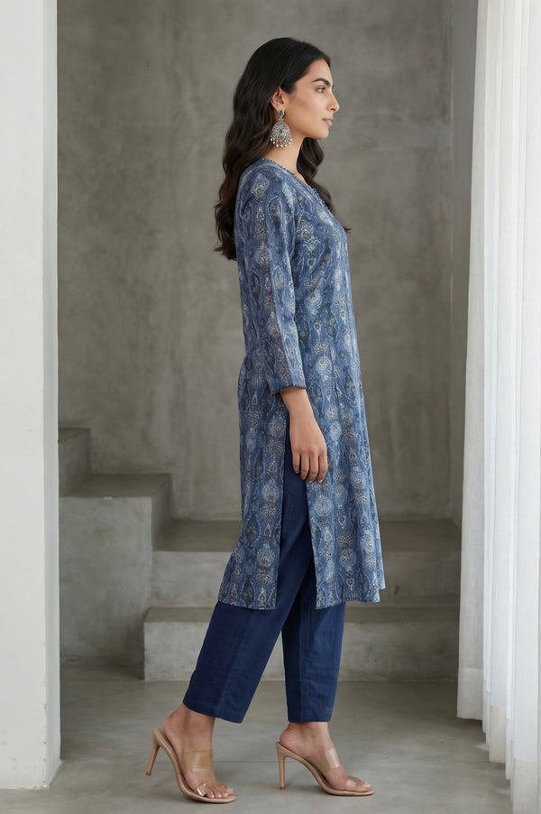 Blue Block Printed Cotton Silk Kota Straight Kurta