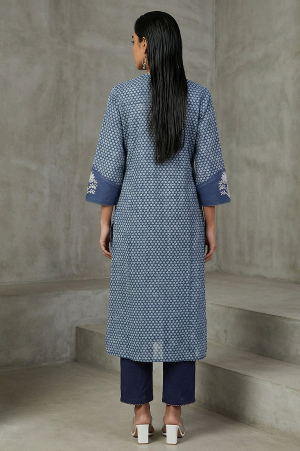 Blue Floral Thread Embroidered Pure Cotton Straight Kurta