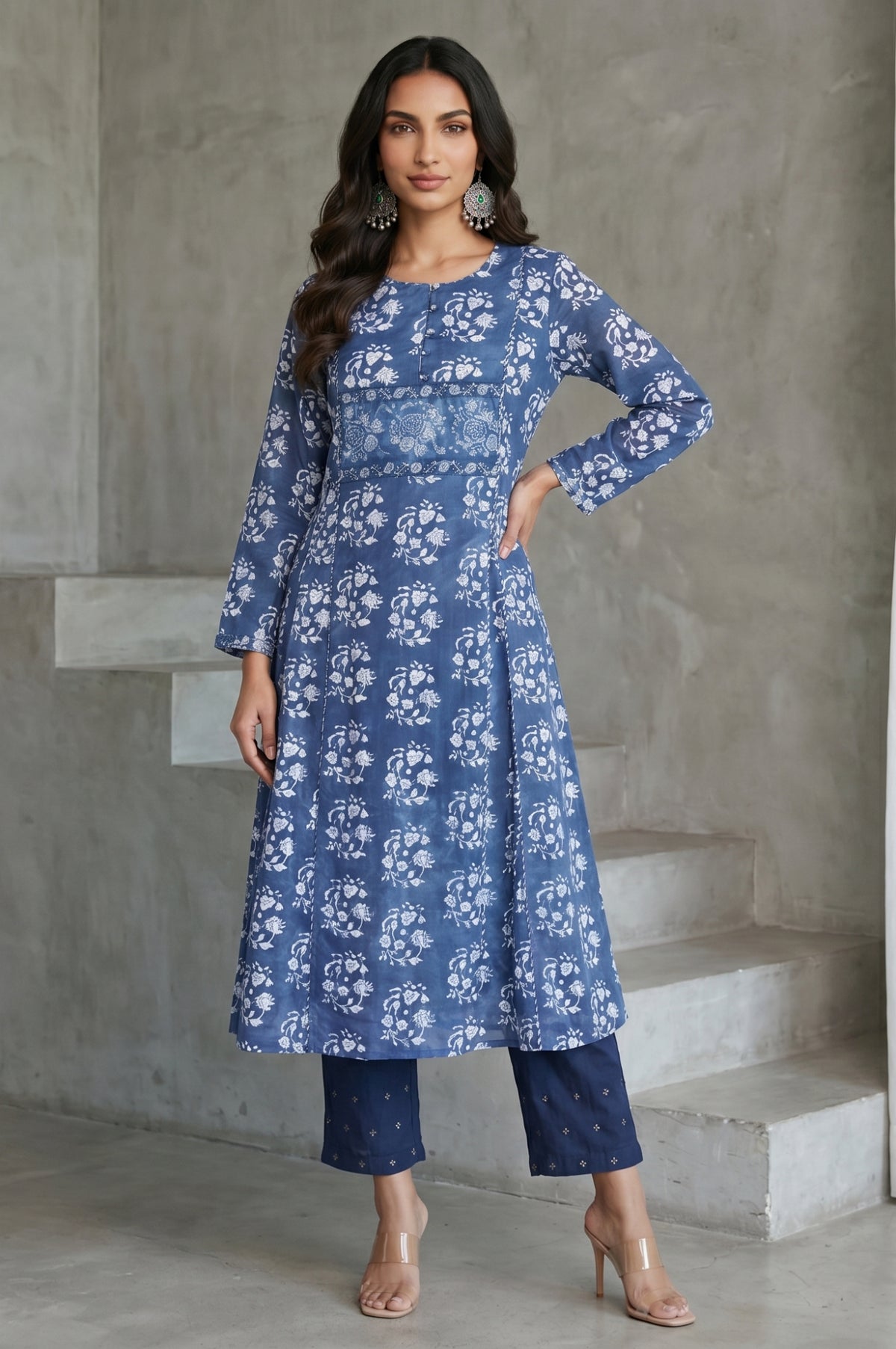 Blue Block Printed Sequins Pure Cotton Flared Kurta - XS
