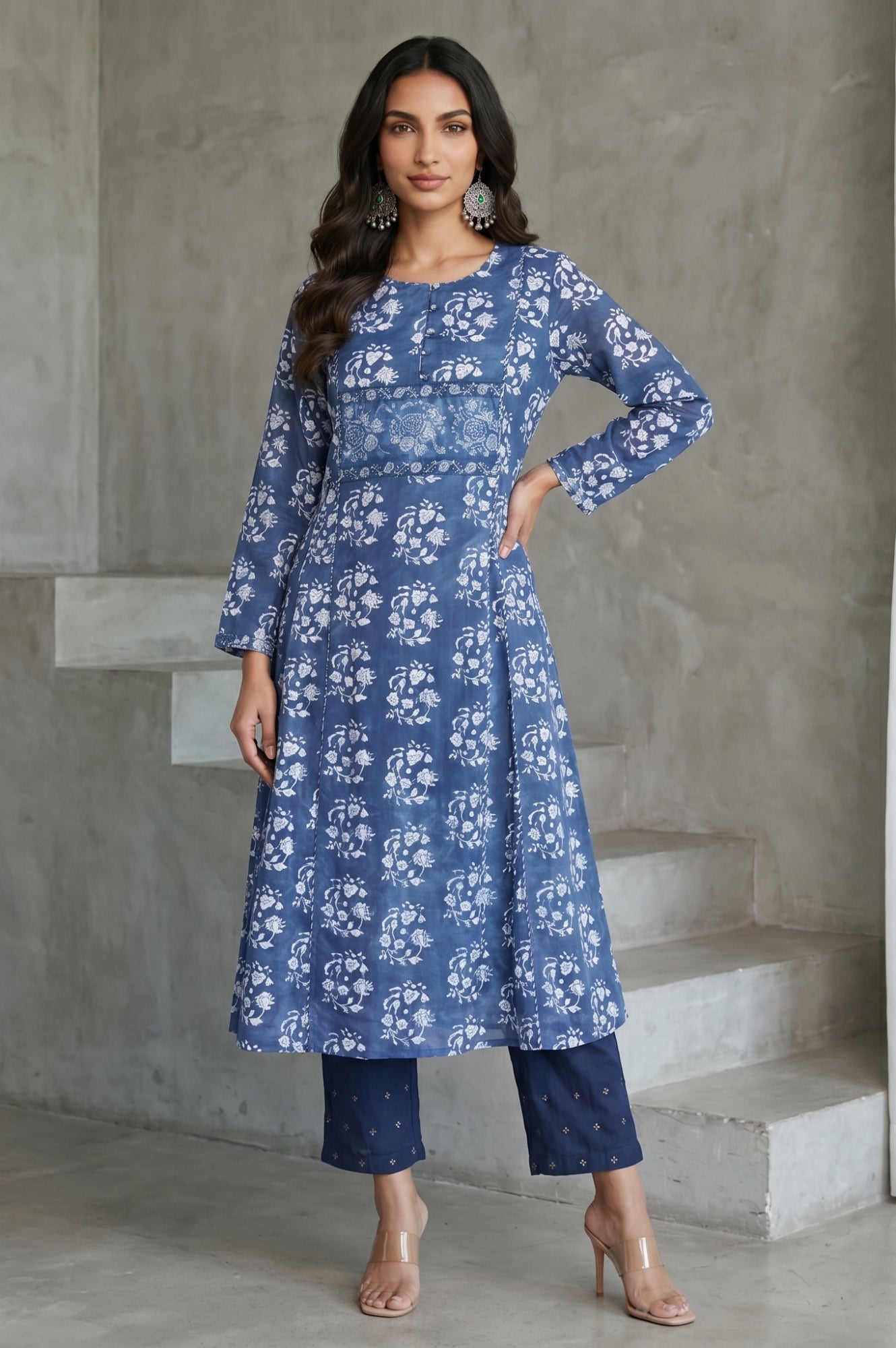Blue Block Printed Sequins Pure Cotton Flared Kurta