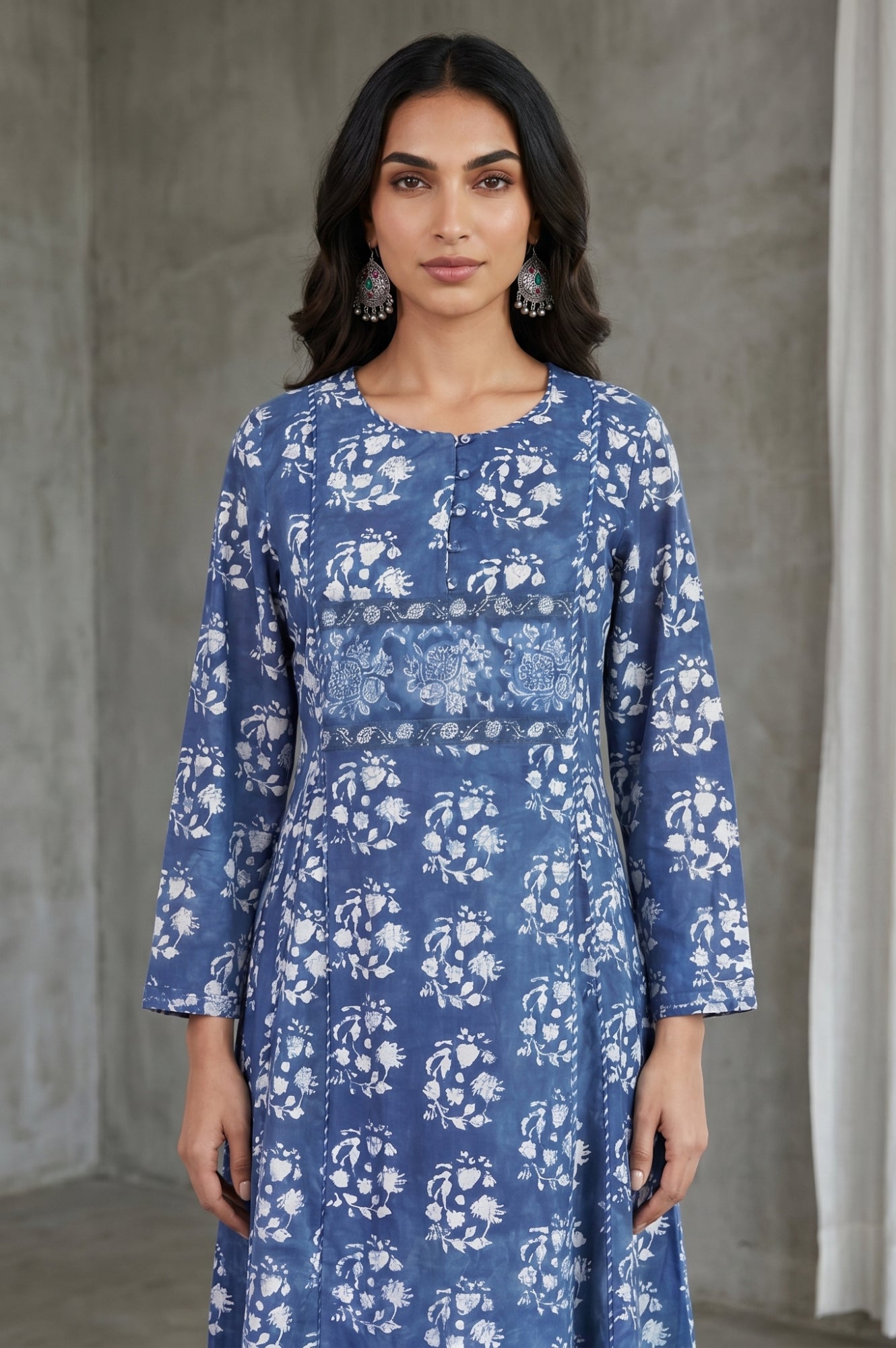 Blue Block Printed Sequins Pure Cotton Flared Kurta