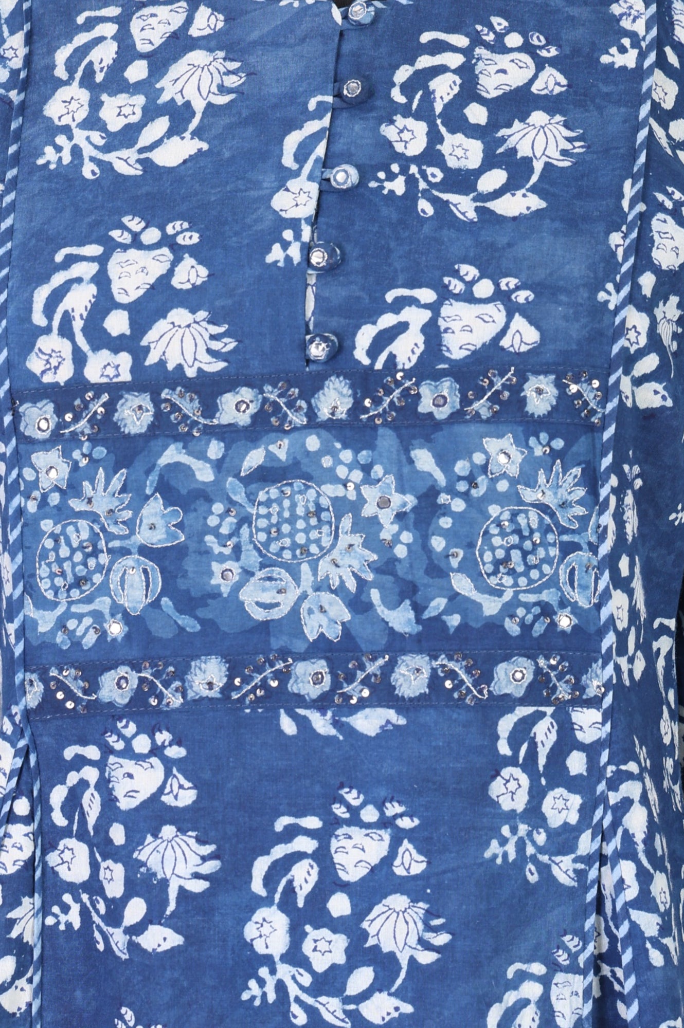 Blue Block Printed Sequins Pure Cotton Flared Kurta