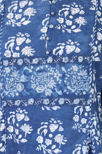 Blue Block Printed Sequins Pure Cotton Flared Kurta