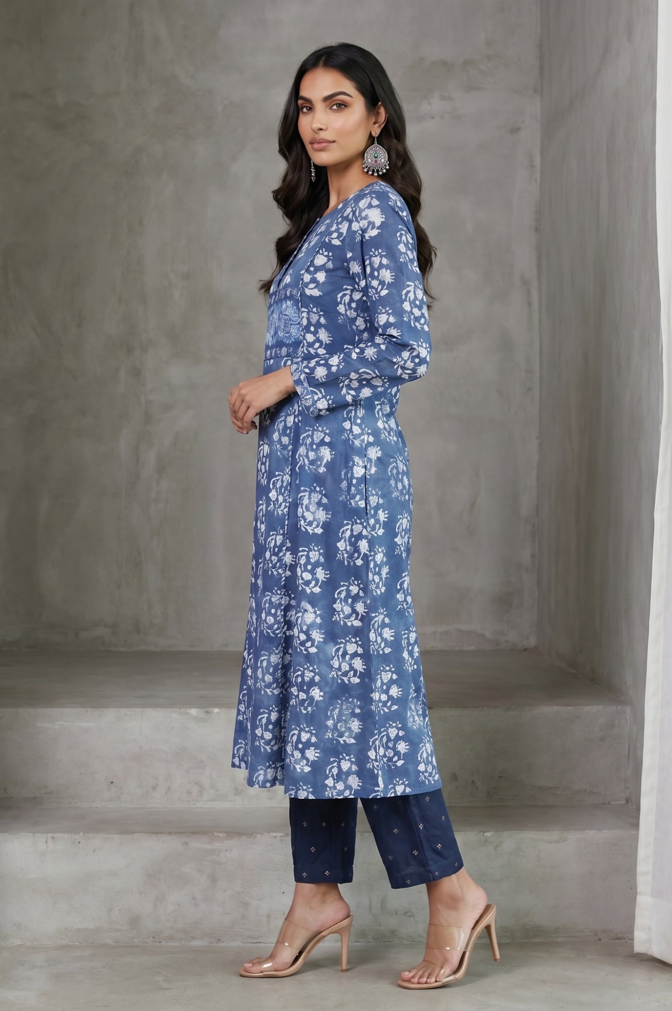 Blue Block Printed Sequins Pure Cotton Flared Kurta