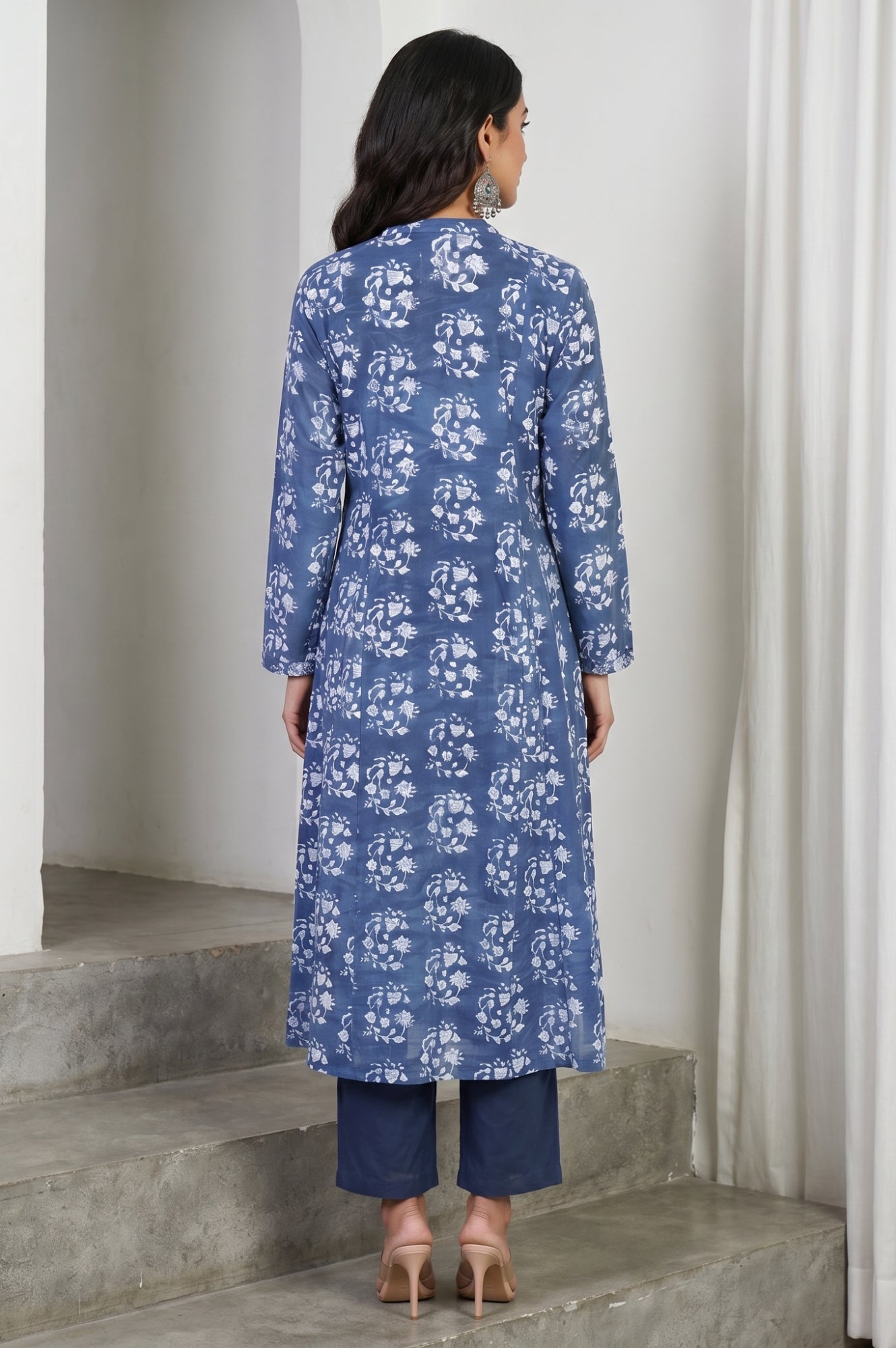 Blue Block Printed Sequins Pure Cotton Flared Kurta