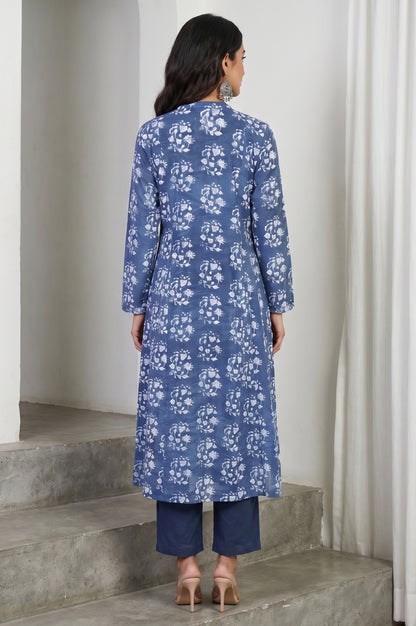Blue Block Printed Sequins Pure Cotton Flared Kurta