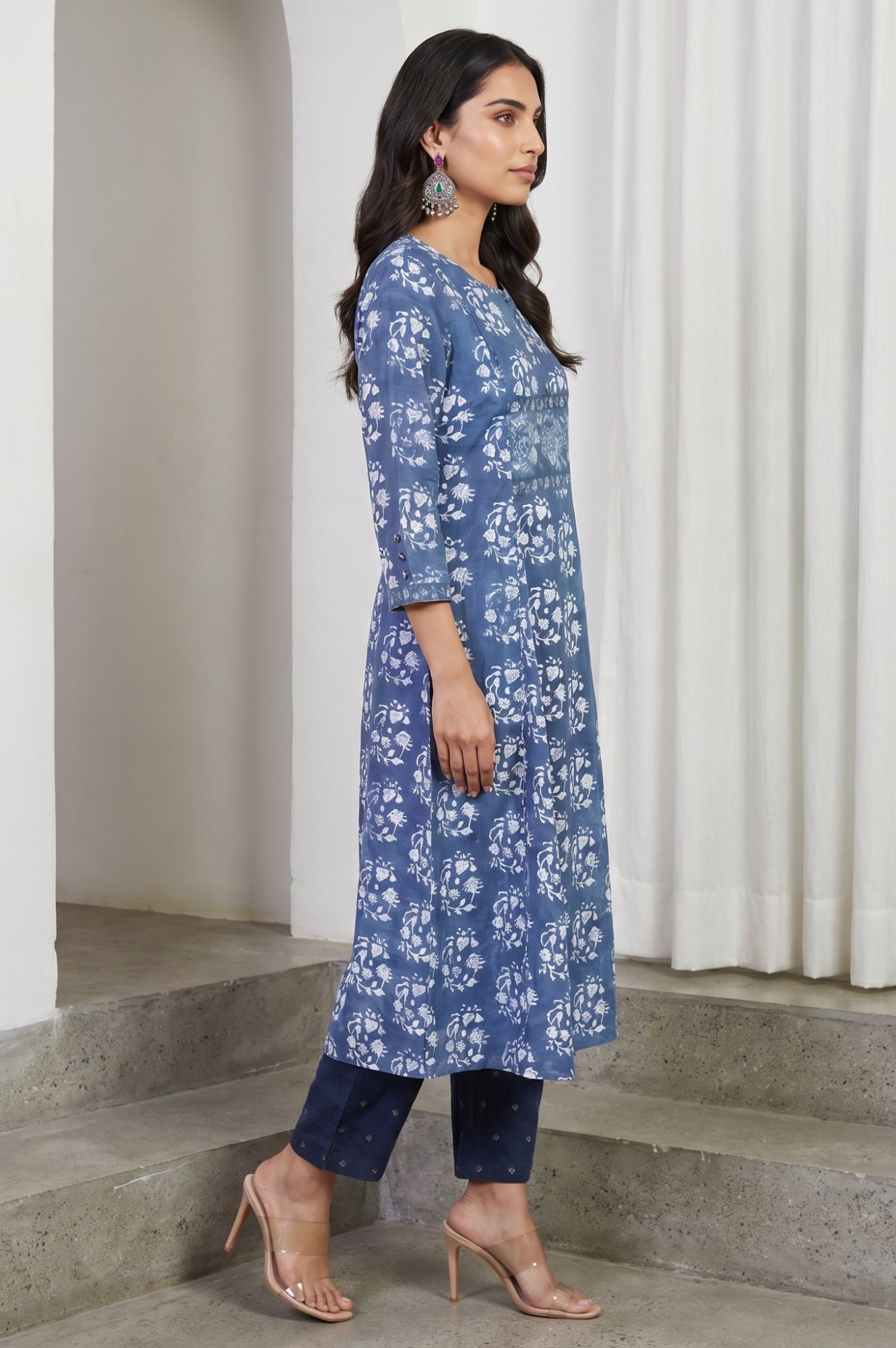 Blue Block Printed Sequins Pure Cotton Flared Kurta