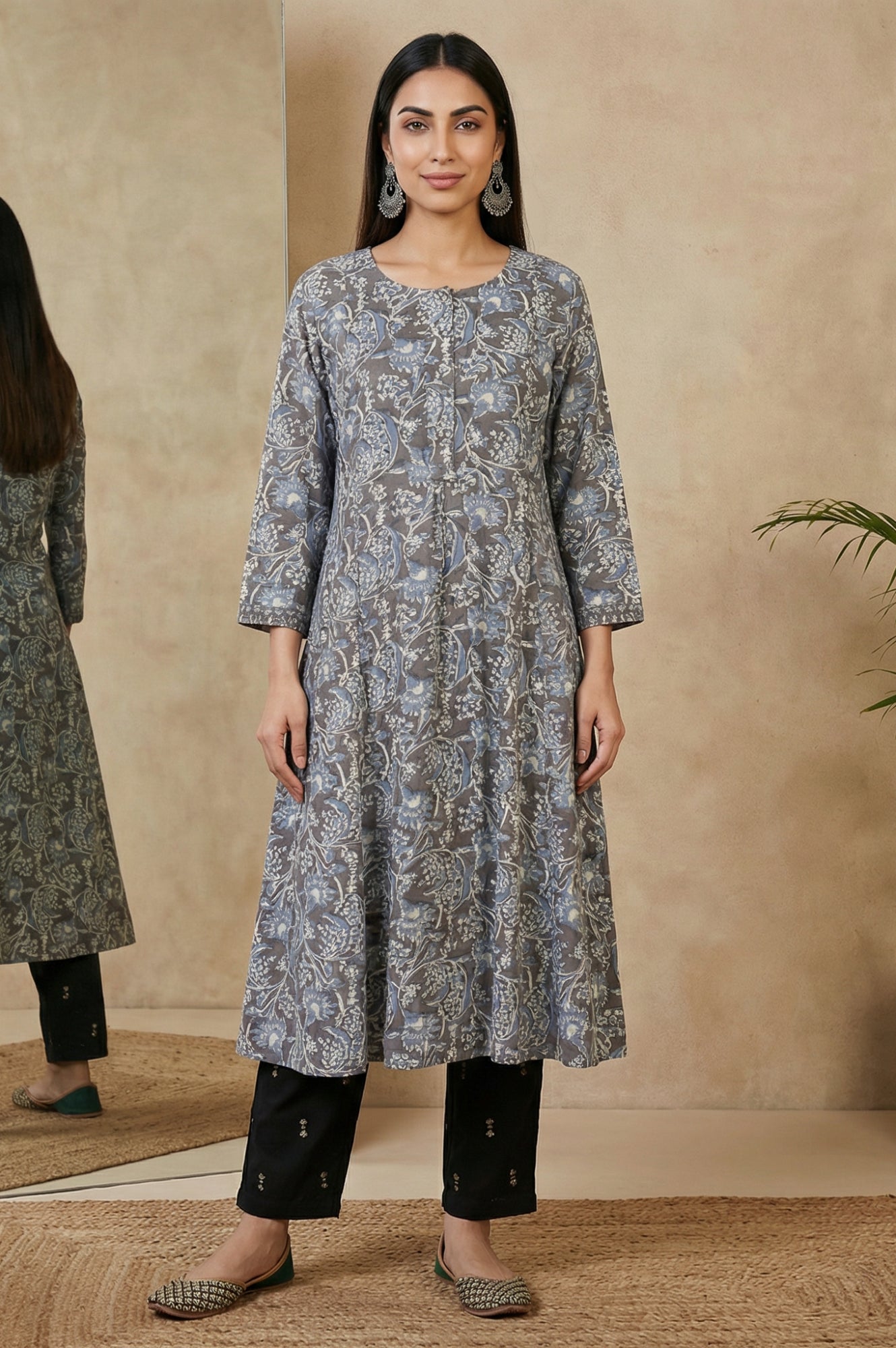 Grey Beadwork Block Printed Rayon Flared Kurta