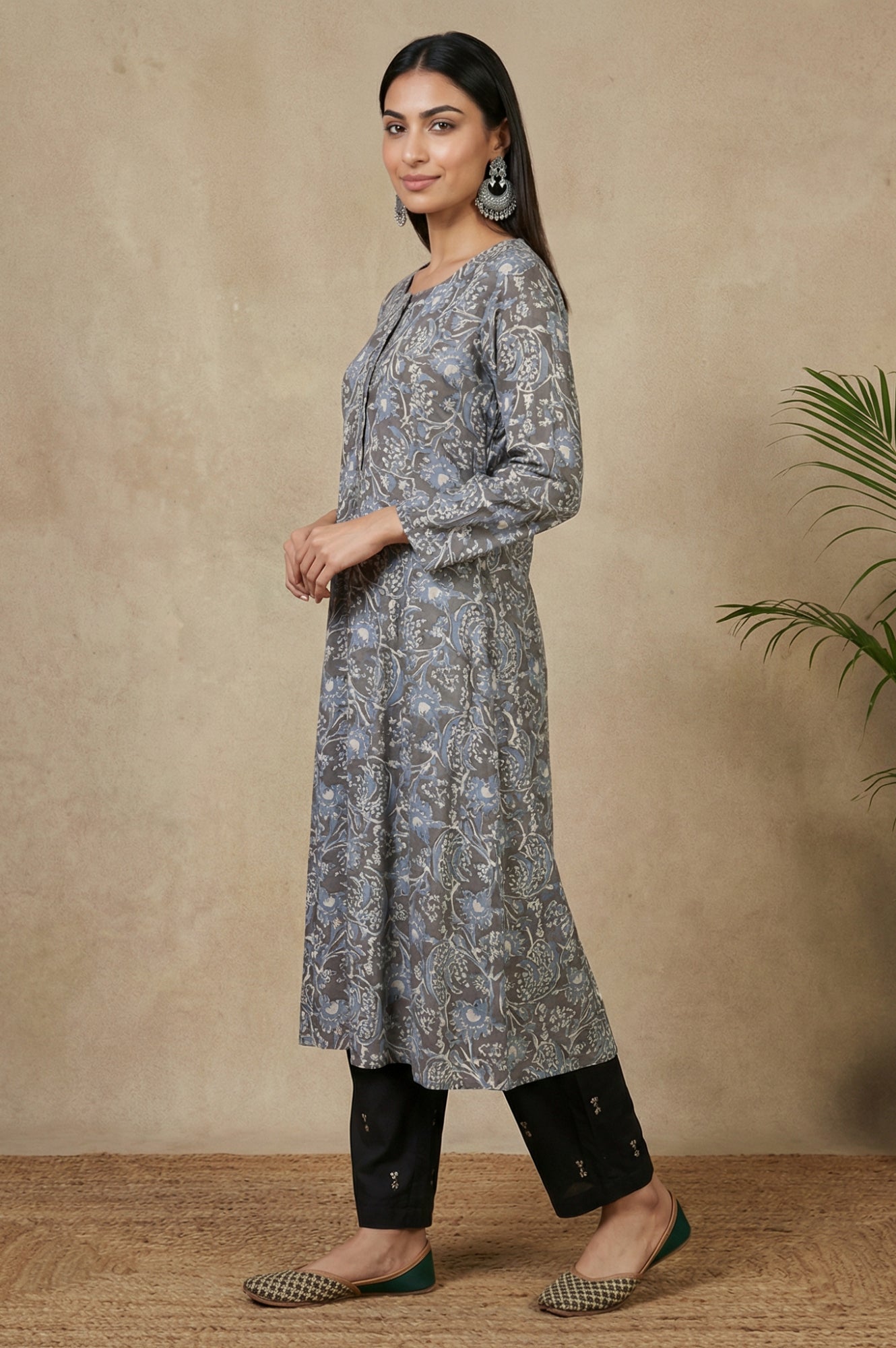 Grey Beadwork Block Printed Rayon Flared Kurta