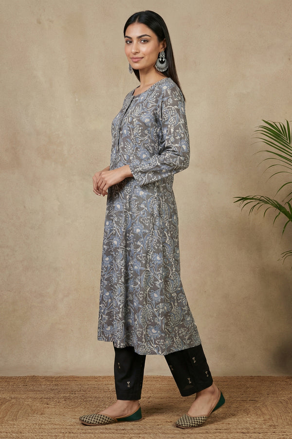 Grey Beadwork Block Printed Rayon Flared Kurta