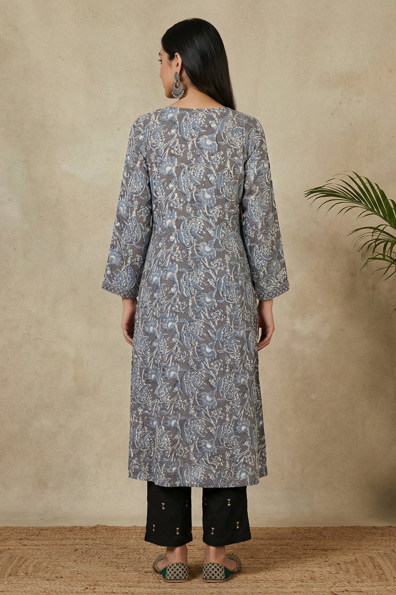 Grey Beadwork Block Printed Rayon Flared Kurta