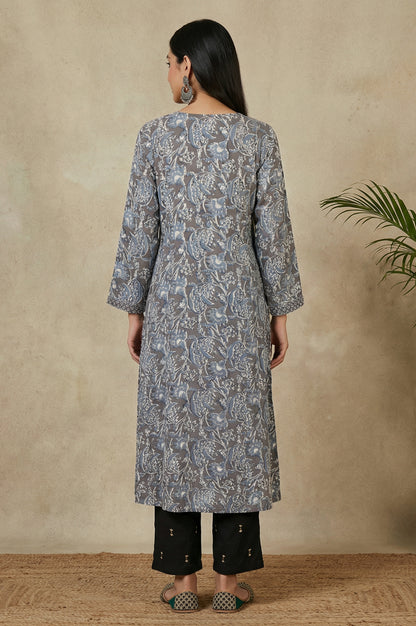 Grey Beadwork Block Printed Rayon Flared Kurta
