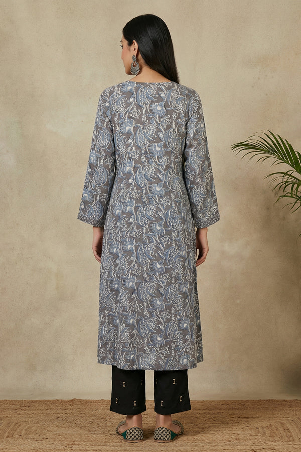 Grey Beadwork Block Printed Rayon Flared Kurta