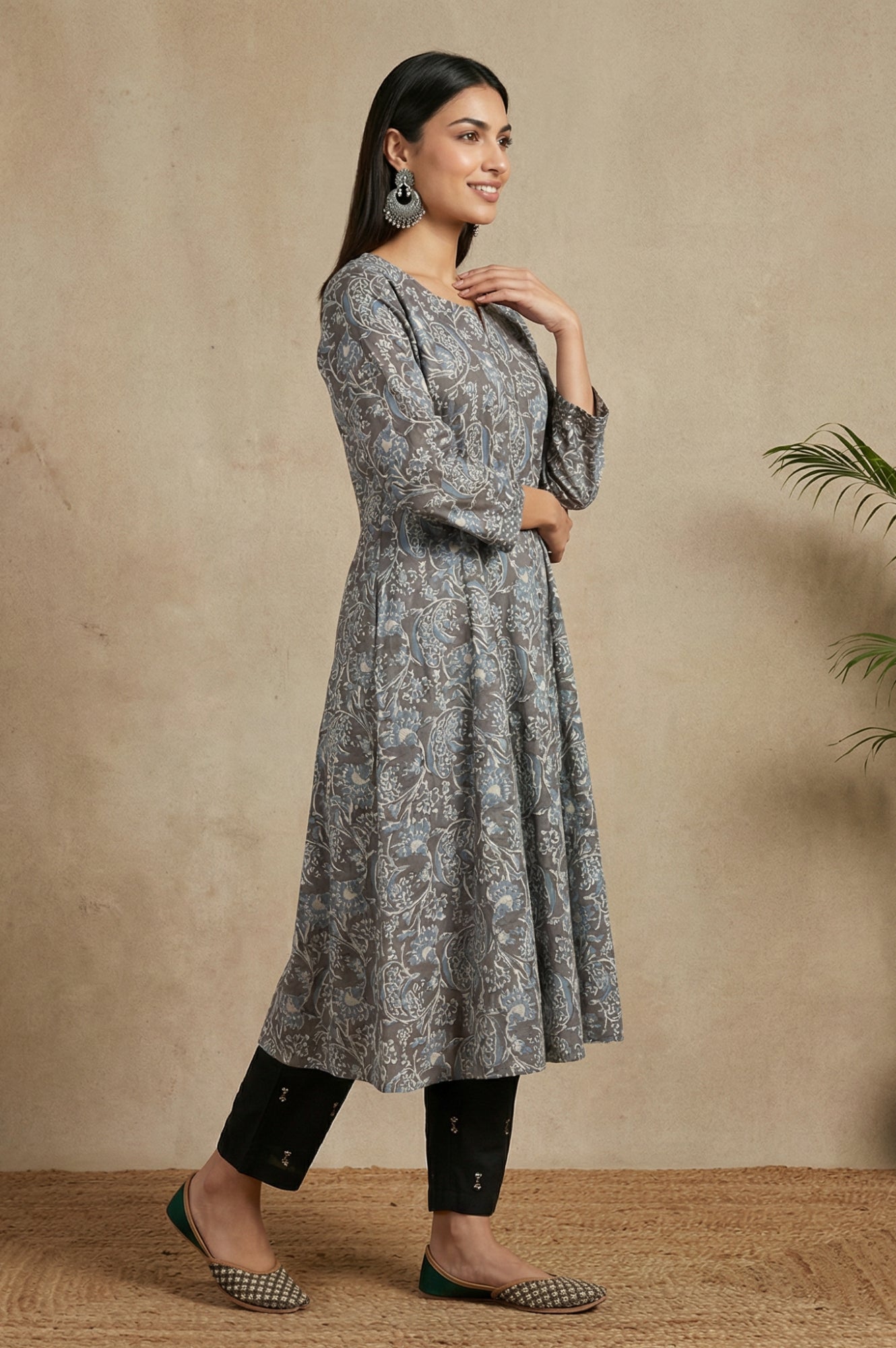 Grey Beadwork Block Printed Rayon Flared Kurta