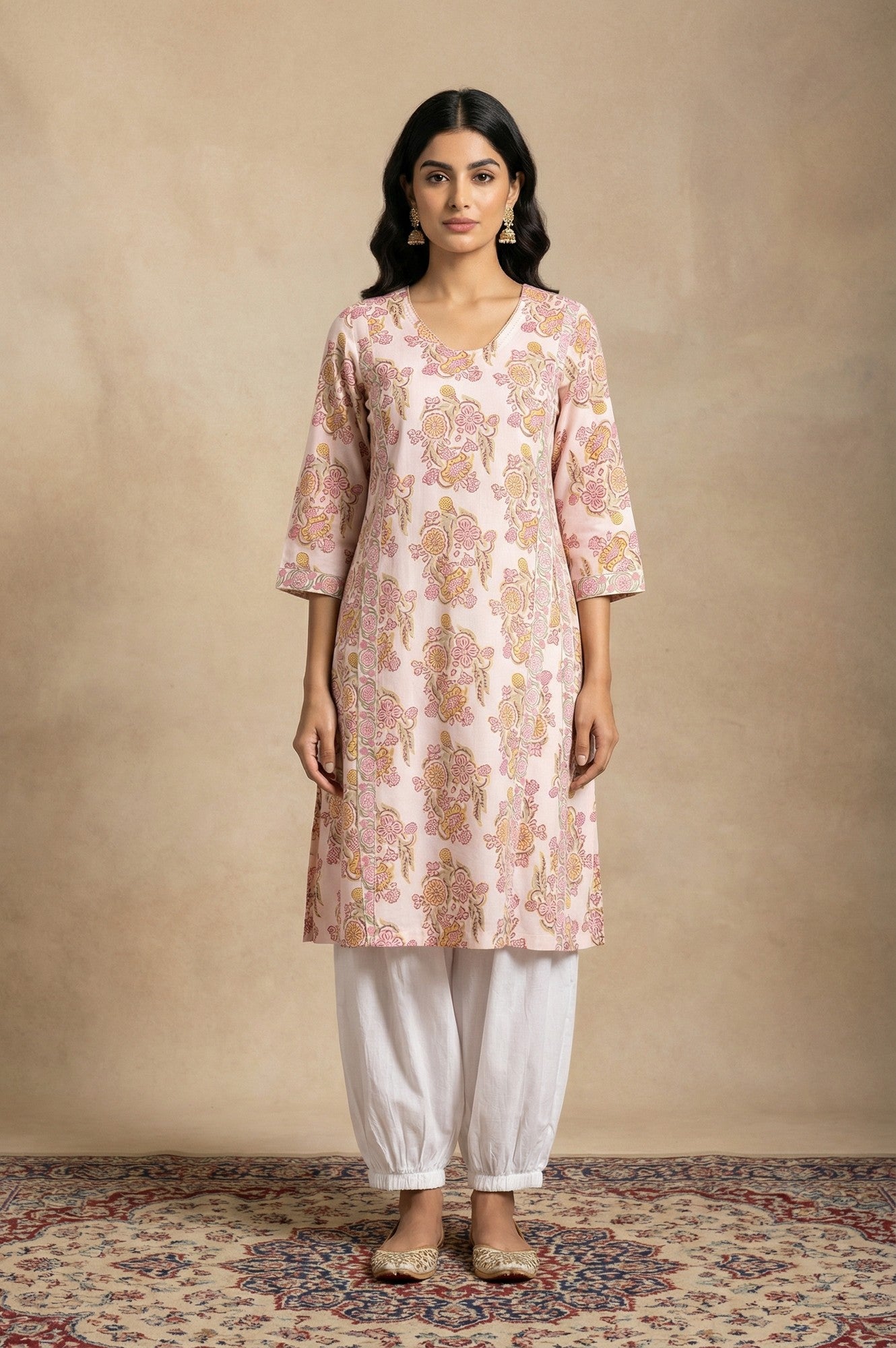 White Floral Printed Pure Cotton Straight Kurta