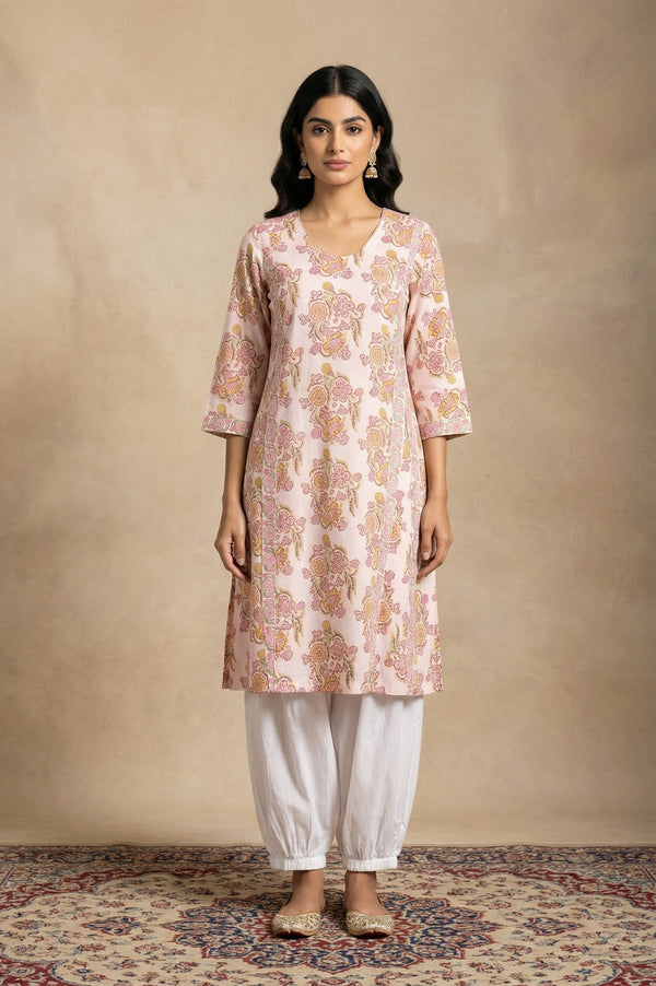 White Floral Printed Pure Cotton Straight Kurta