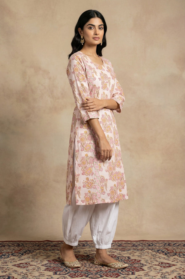 White Floral Printed Pure Cotton Straight Kurta