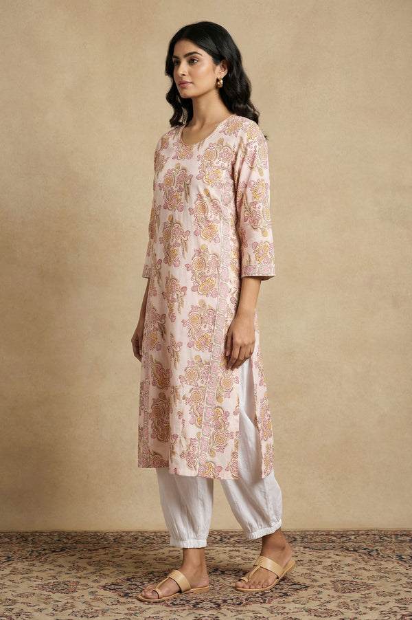 White Floral Printed Pure Cotton Straight Kurta