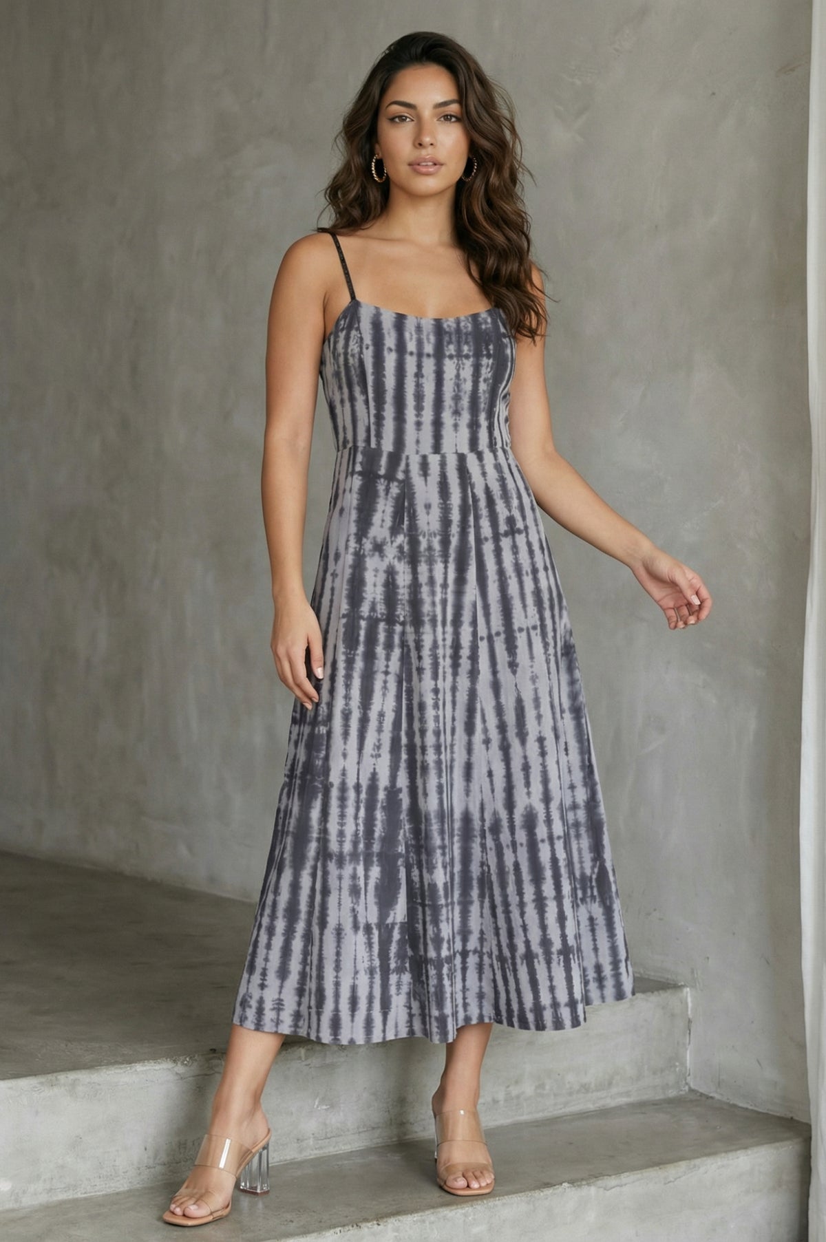 Grey Shibori Printed Sleeveless Pure Cotton A-line Western Dress - XS