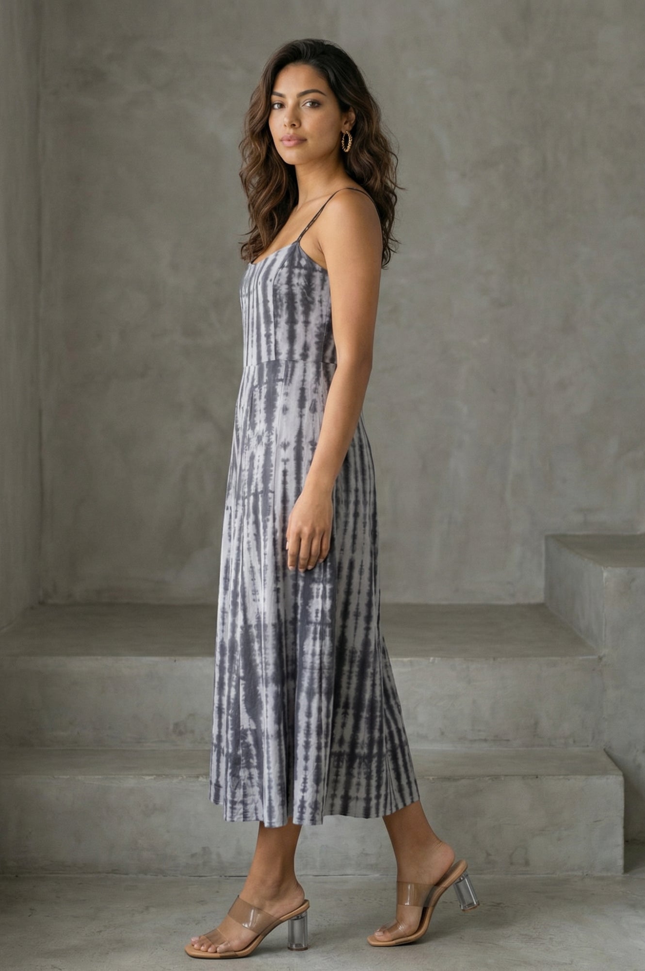 Grey Shibori Printed Sleeveless Pure Cotton A-line Western Dress