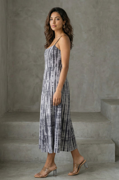 Grey Shibori Printed Sleeveless Pure Cotton A-line Western Dress