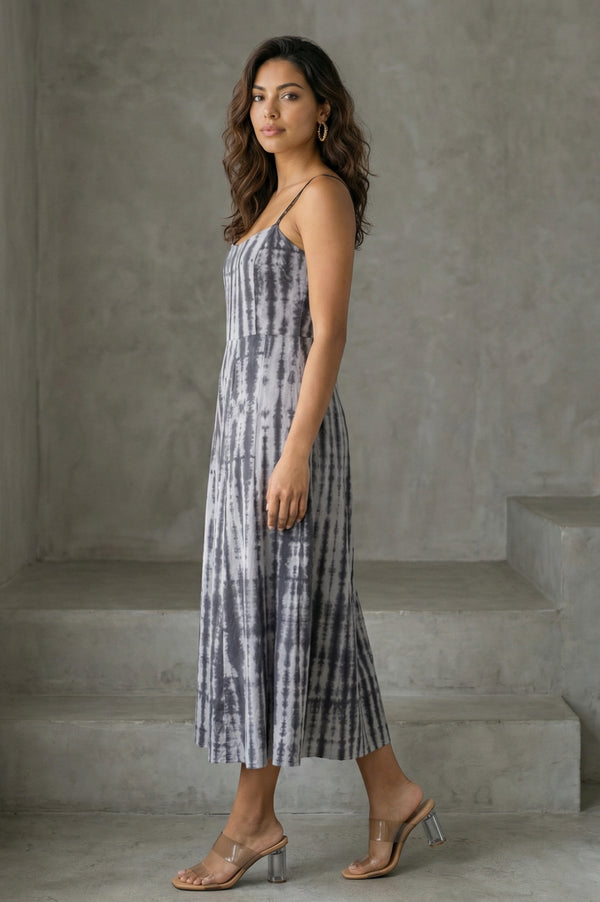 Grey Shibori Printed Sleeveless Pure Cotton A-line Western Dress