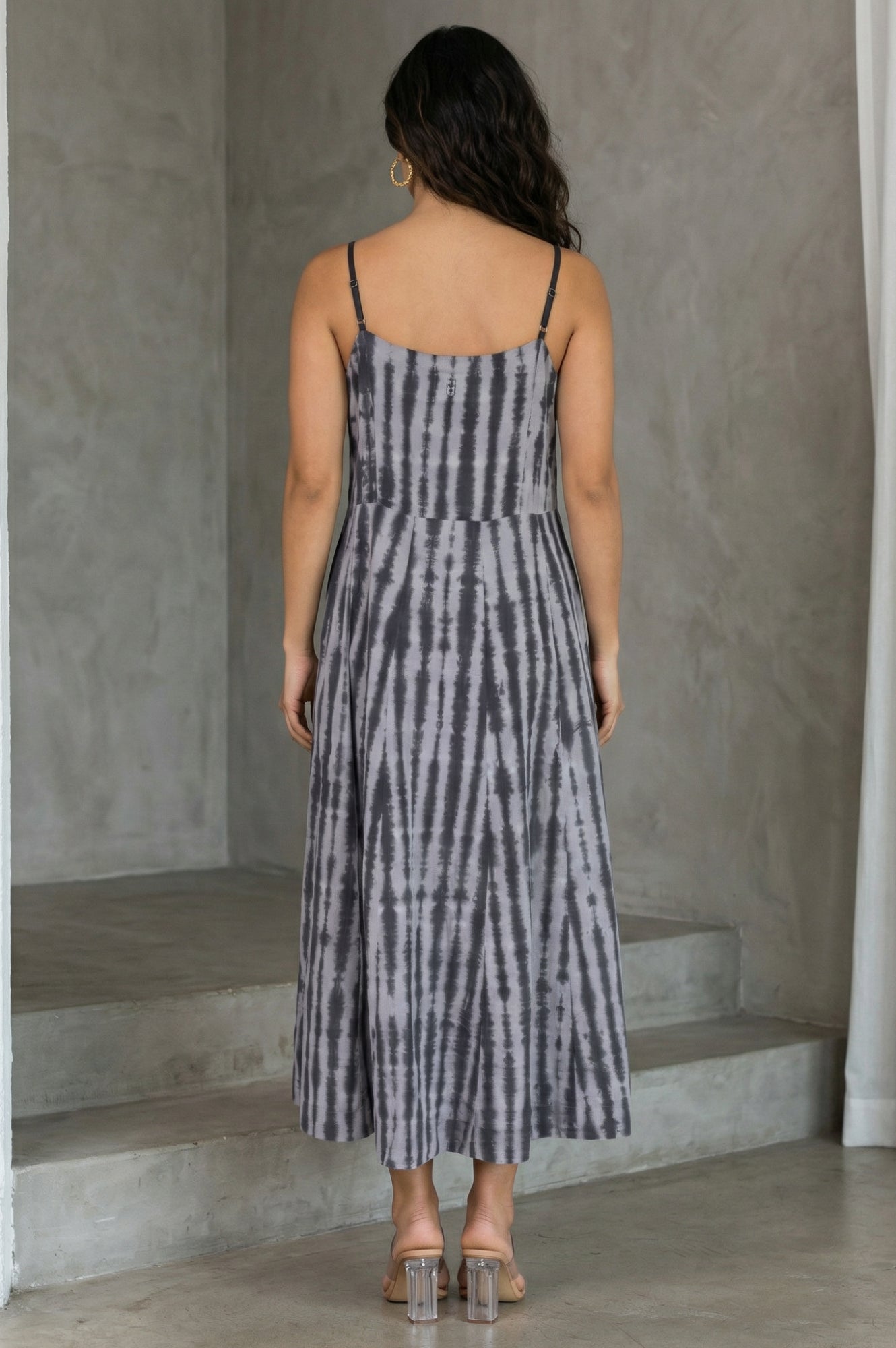 Grey Shibori Printed Sleeveless Pure Cotton A-line Western Dress