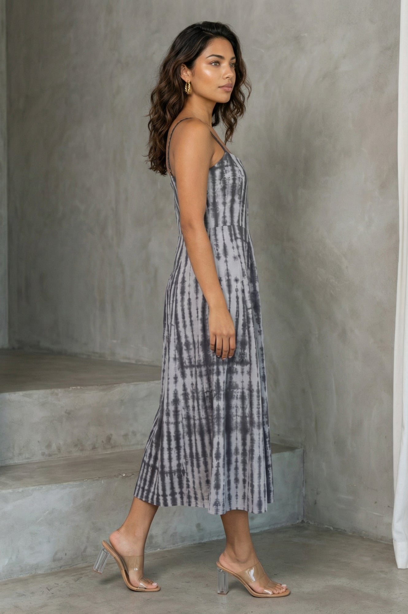 Grey Shibori Printed Sleeveless Pure Cotton A-line Western Dress
