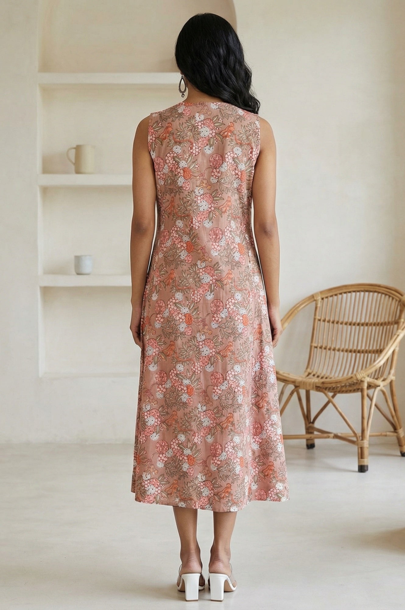 Peach Block Printed Pure Cotton A-line Dress