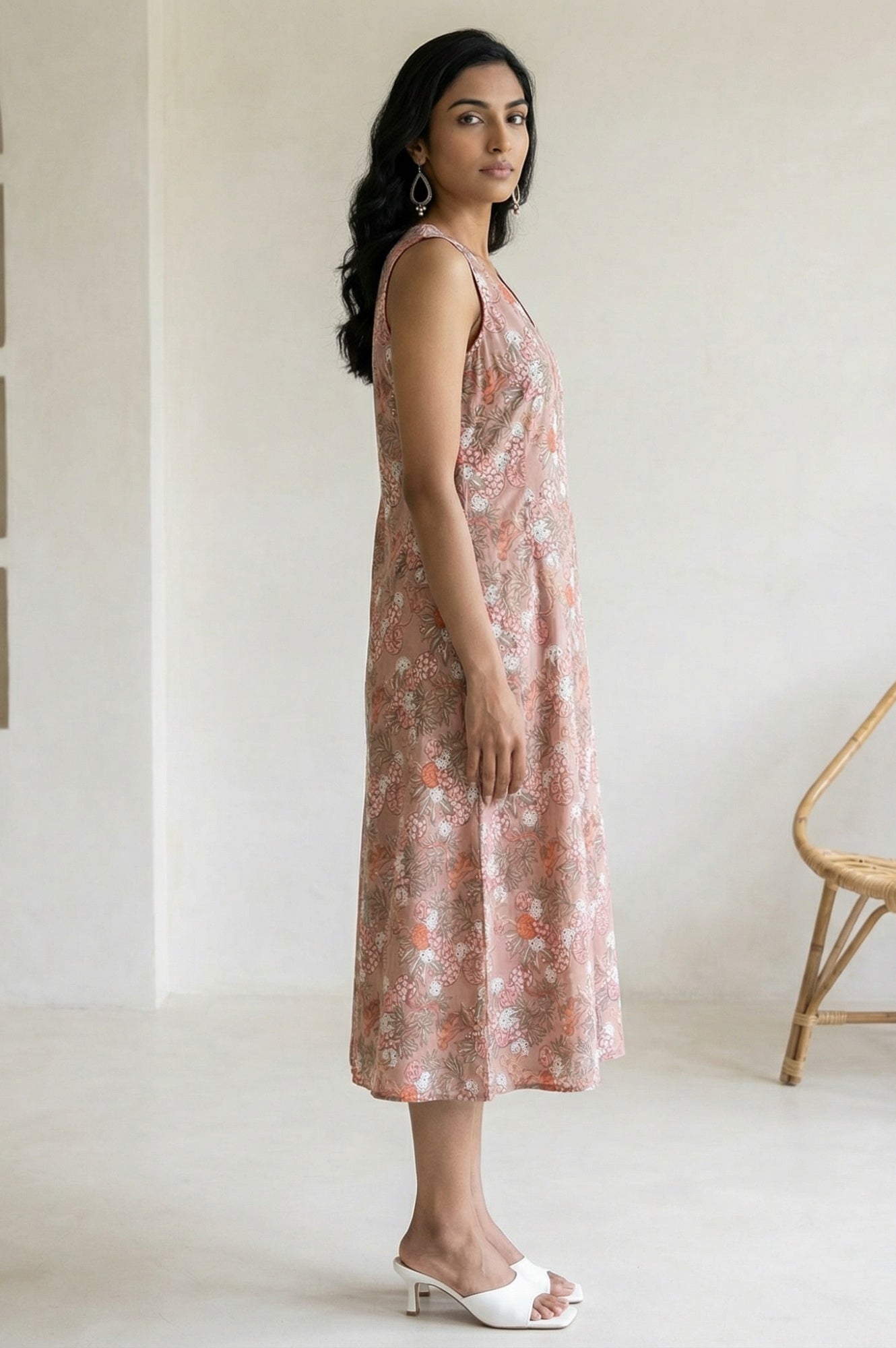 Peach Block Printed Pure Cotton A-line Dress