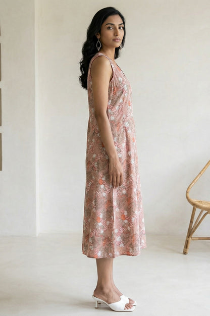 Peach Block Printed Pure Cotton A-line Dress