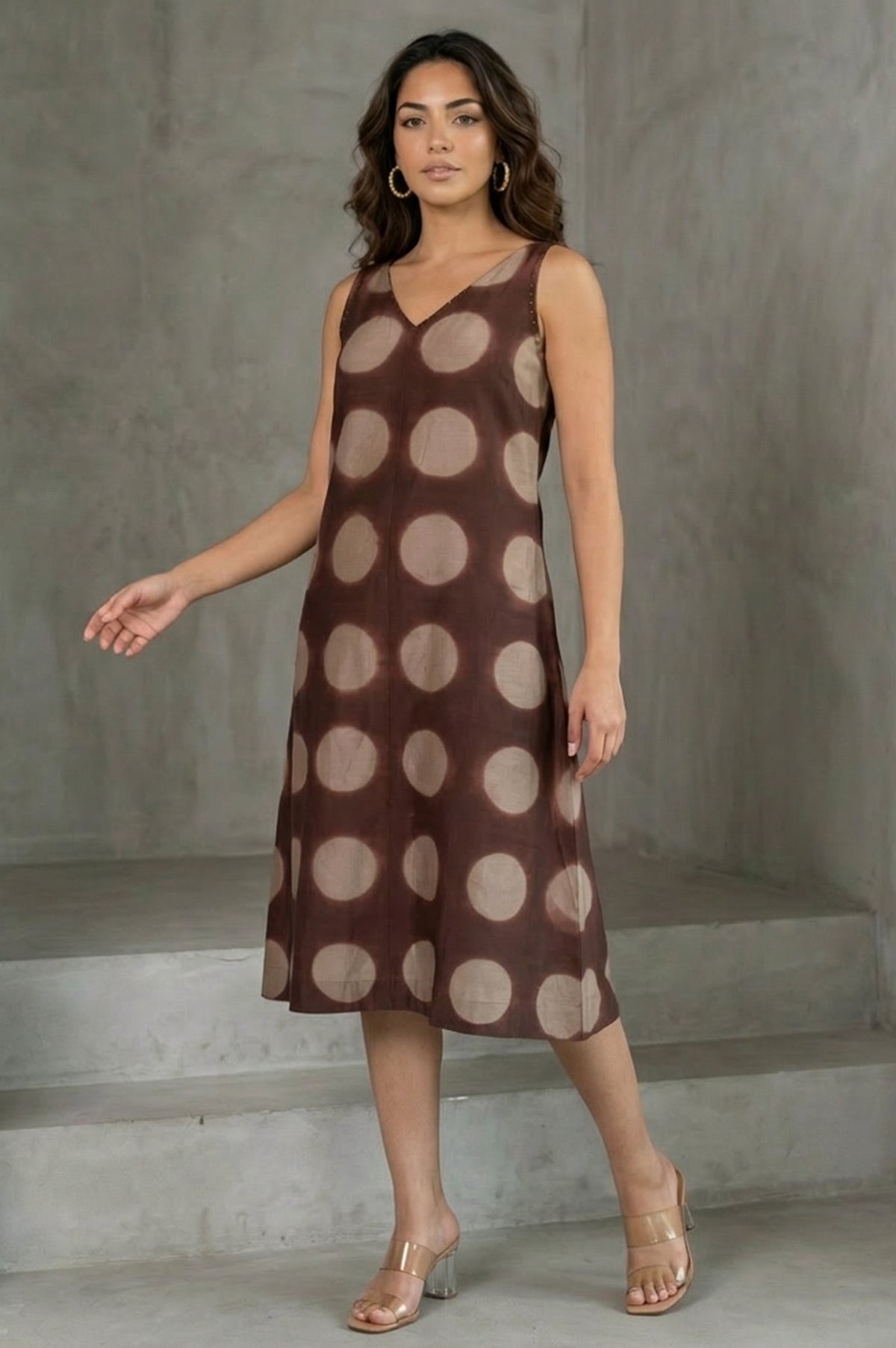 Brown Shibori Printed Sleeveless Cotton Silk Flared Western Dress